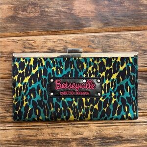 Betsey Johnson Teal Yellow Black Leopard Print Clutch